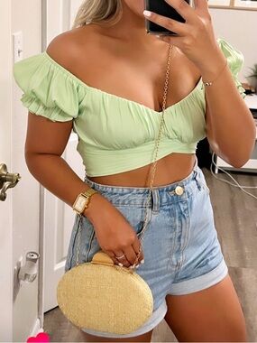 Saints & Secrets Sage Green Puff-Sleeve by Tie-Front Crop Top- Spring Top